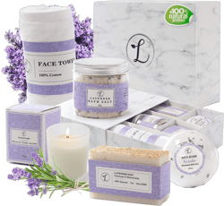Spa Gift Set, Natural Lavender, Gift Box Includes Bath Bomb, Bath Salt, Hand Soap, Scented Candle, Face Cloth and Gift Box. Best Gift for Her (Spa Gift Set)