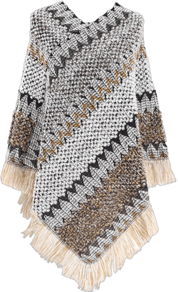 Women's Poncho Sweater Zig Zag Knit Mexican Poncho Wrap Fall Hippie Soft Fringe Crochet Shawl Asymmetrical Cape One Size Grey