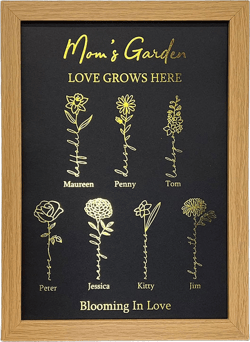 Personalized Mom Gifts Mama's Garden Picture Frame Canvas Birth Month Flower Frame with Kids Names Grandma's Garden Wall Art Print Poster for Mother's Day, Natural Wood, A3(12 * 16.5in) A3(12*16.5in) Natural Wood