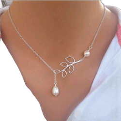 Feshionn IOBI Pearl Droplet Thread Necklace 14K White or Yellow Gold plated for Woman White Pearl