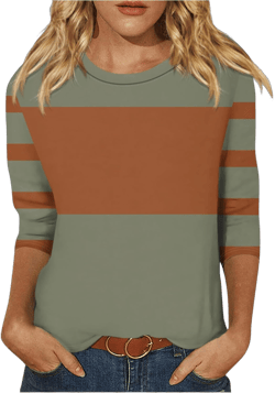 Striped Shirt Women Long Sleeve Crewneck Casual Loose Fit Colorful Graphic Tees for Vacation Daily Outfits Commuting J07-army Green Medium