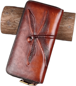 Slim Bifold Leather Wallets for Women Embossed Dragonfly Handmade Leather Wallet Cellphone Clutch Holder Purse (Brown)