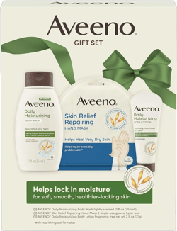 Aveeno Daily Moisture Gift Set, Skincare Set for Dry Skin with Nourishing Body Lotion, Moisturizing Body Wash, & Skin Relief Hand Mask, Formulated with Prebiotic Oat, Paraben-Free, 3 Items