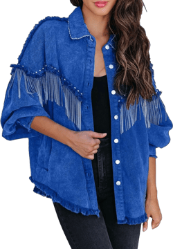 CRNTCEM Tassel Jacket for Women Spring Loose Fitted Boyfriend Denim Jackets Chic Fringe Single Breasted Vintage Lapel Coats Blue X-Large