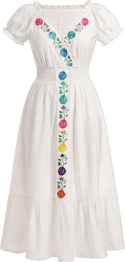 IMEKIS Women Mexican Fiesta Dress Summer Floral Embroidered Traditional Ethnic Wear Beach Holiday Party Long Maxi Gown Medium White