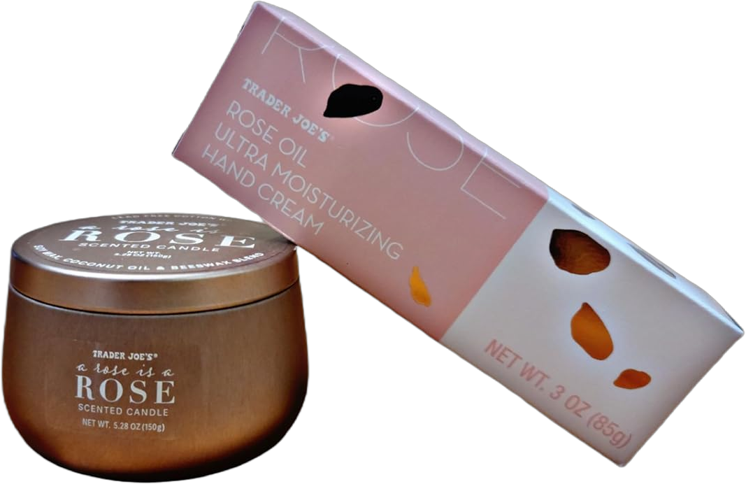 Trader Joe Valentine Gift Set: Rose Scented Candle and Rose Oil Ultra Moisturizing Hand Cream