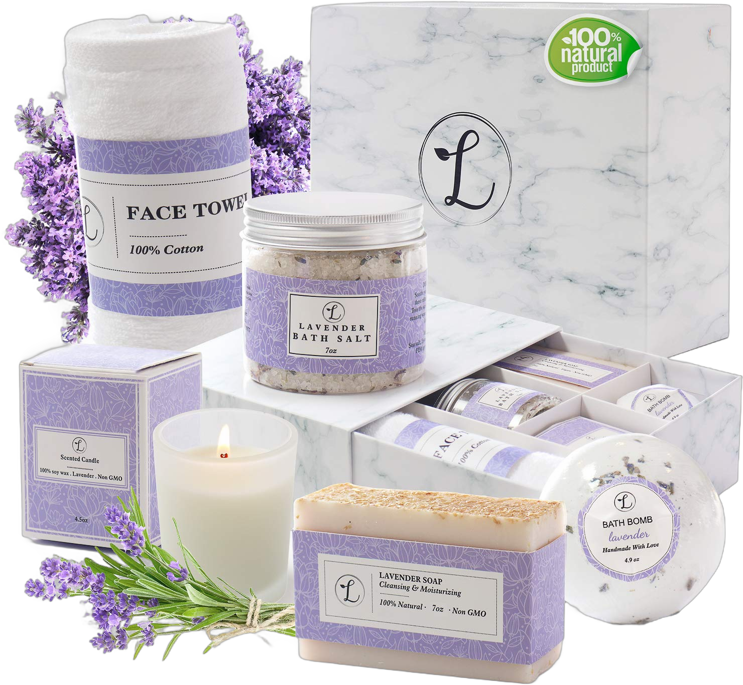 Spa Gift Set, Natural Lavender, Gift Box Includes Bath Bomb, Bath Salt, Hand Soap, Scented Candle, Face Cloth and Gift Box. Best Gift for Her (Spa Gift Set)