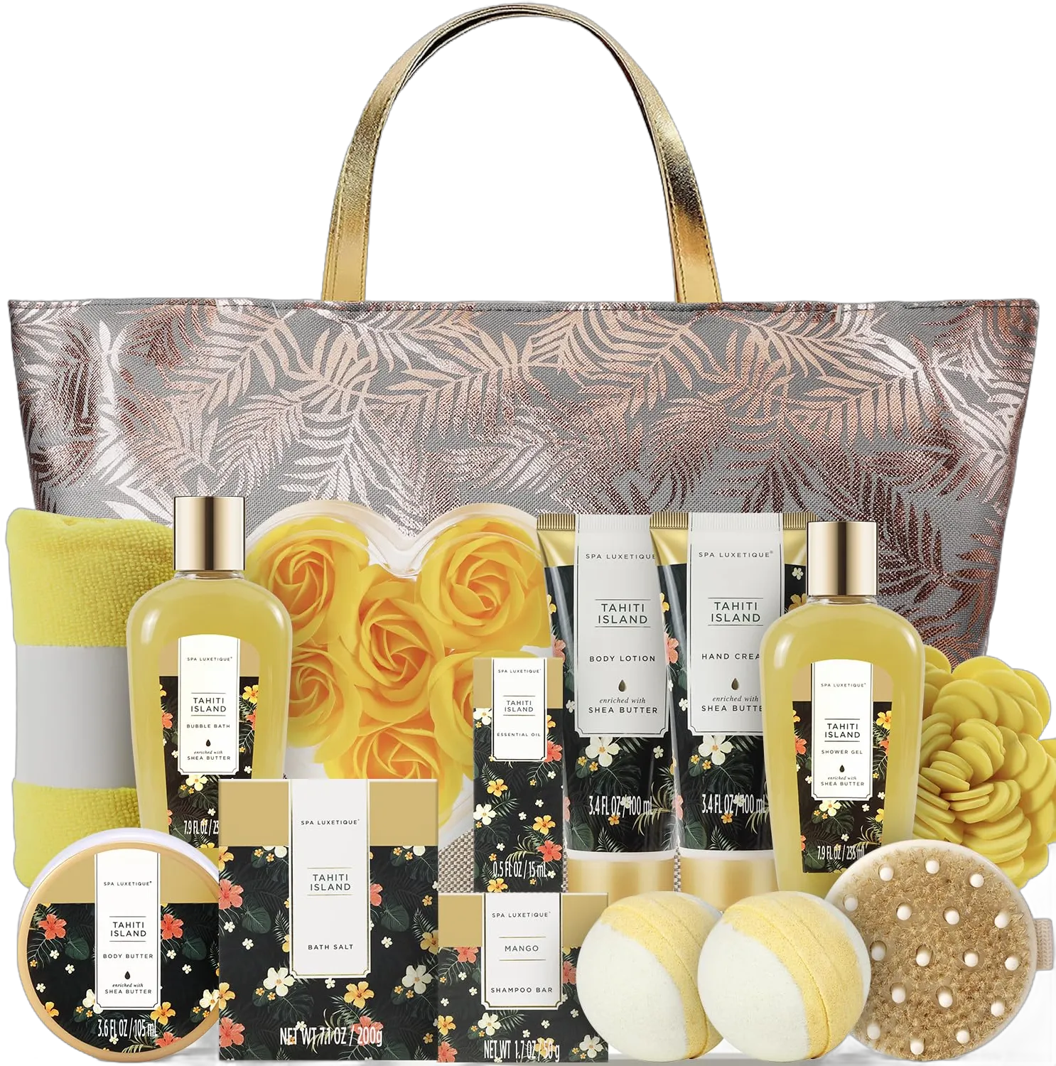 Spa Gifts Basket for Women, Spa Luxetique Tahiti Island Bath Gift Set, 15pcs Luxury Self Care Kit with Bath Bombs, Essential Oil, Hand Cream, Bath Salt, Tote Bag, Birthday Day Gifts