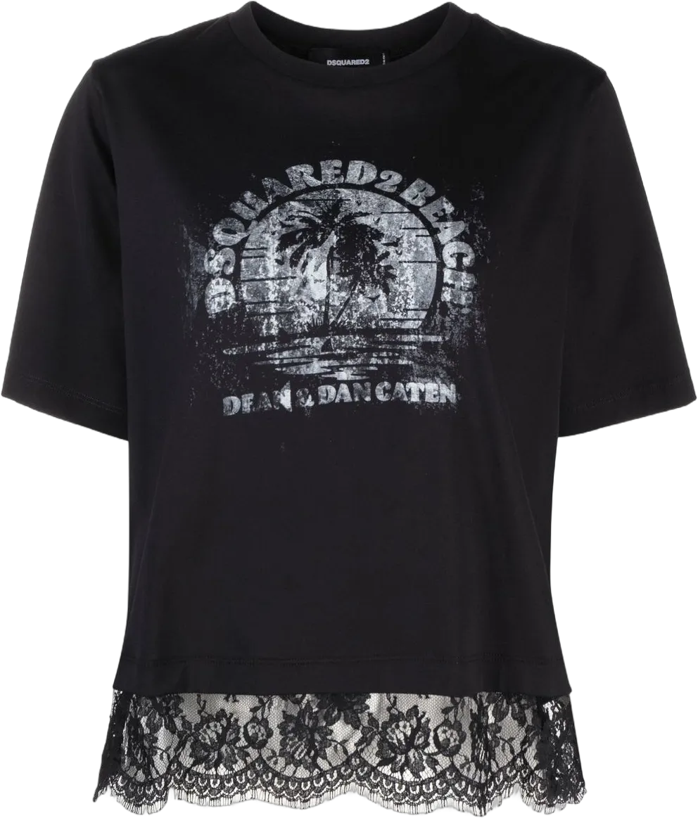 lace-trim logo-print T-shirt
