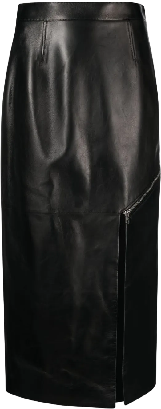 side-slit leather midi skirt