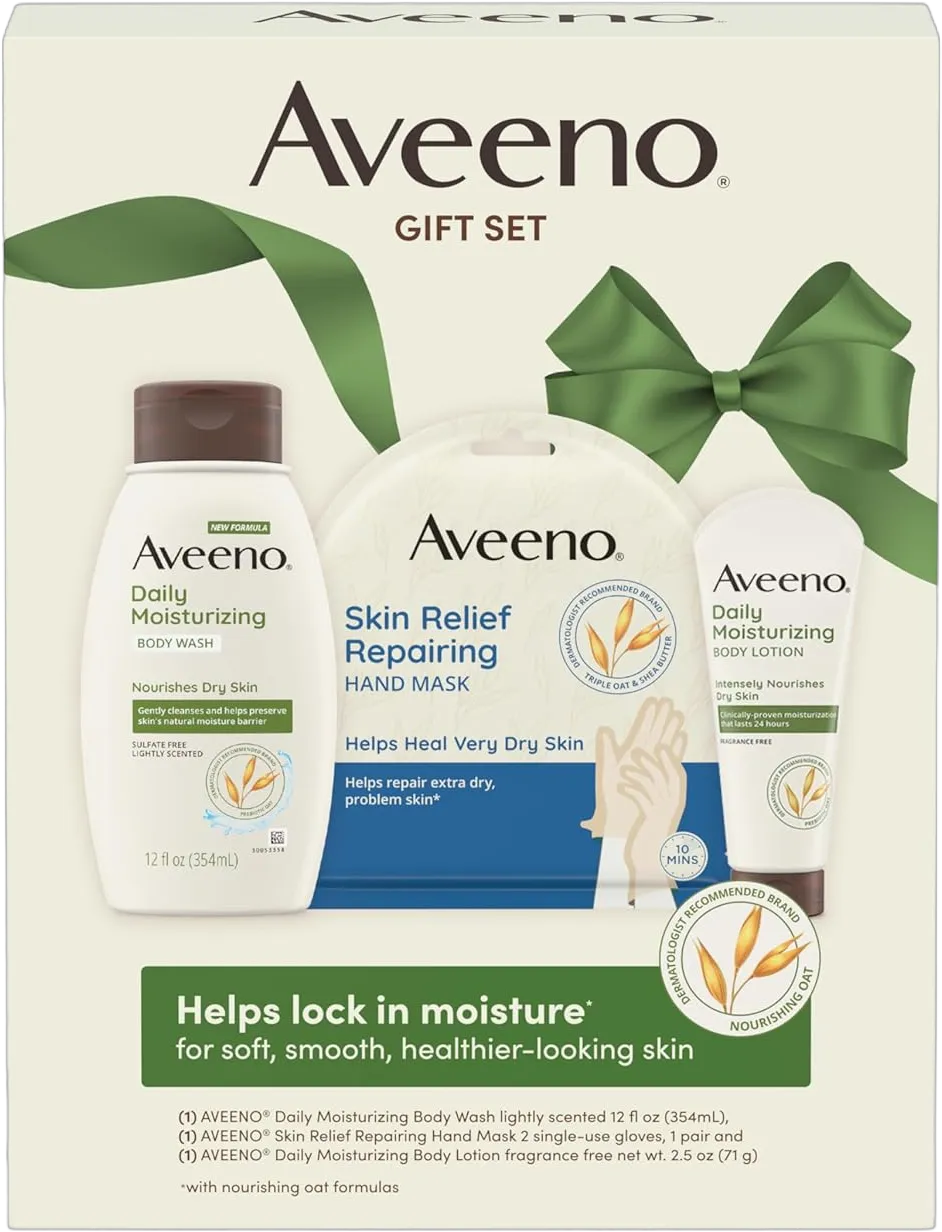Aveeno Daily Moisture Gift Set, Skincare Set for Dry Skin with Nourishing Body Lotion, Moisturizing Body Wash, & Skin Relief Hand Mask, Formulated with Prebiotic Oat, Paraben-Free, 3 Items