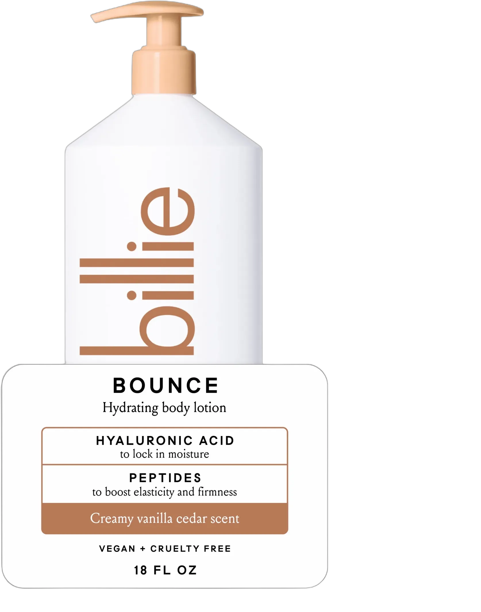 Billie Bounce Hydrating Women's Body Lotion, Vanilla Cedar Scent, with Hyaluronic Acid, 18 fl oz