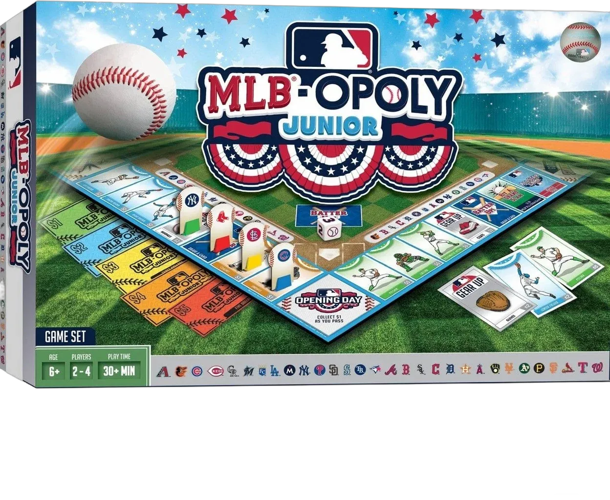 MasterPieces MLB Opoly Junior Board Game Custom Stickers 30 MLB Teams Family Fun Game