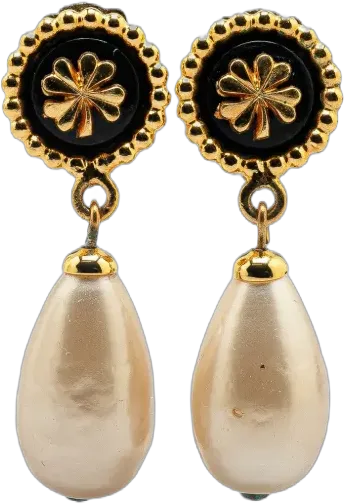 1980-1990 Gold Plated Clover Faux Pearl Dangling Clip on Earrings costume earrings