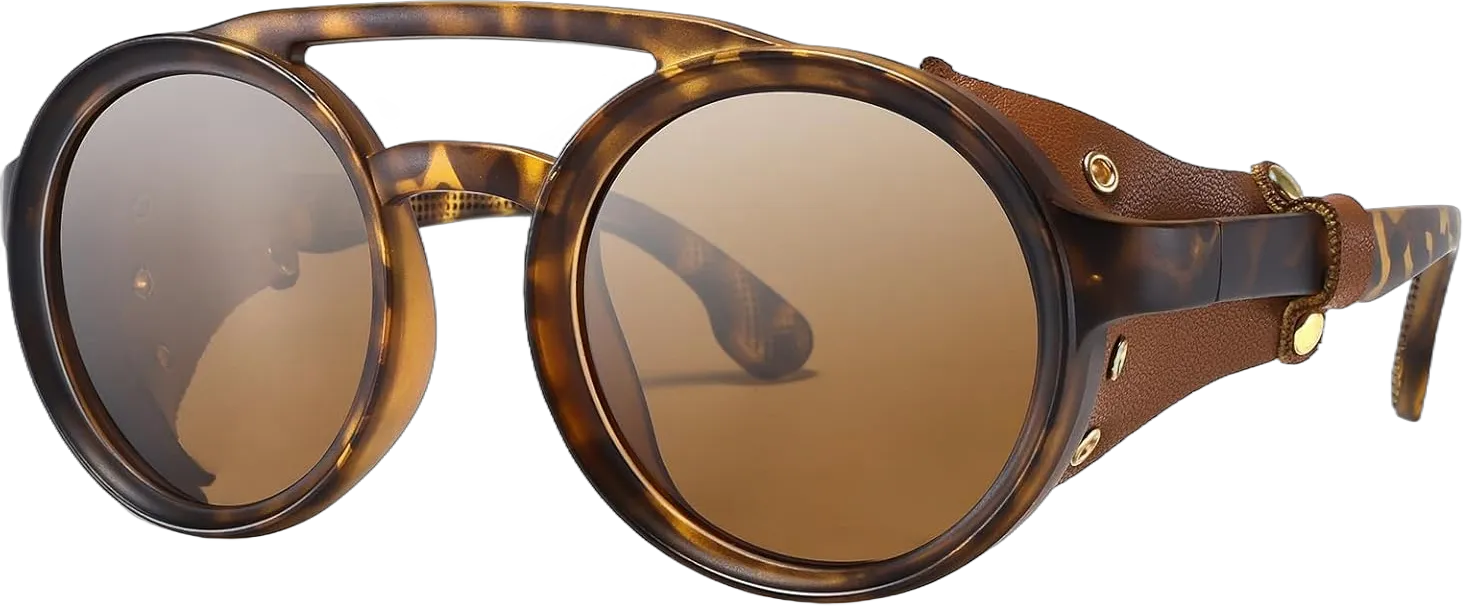 Retro Aviator Steampunk Polarized Sunglasses with Leather Side Shield Vintage Goggles Gothic Eyewear for Men Women Bronze847 48 Millimeters