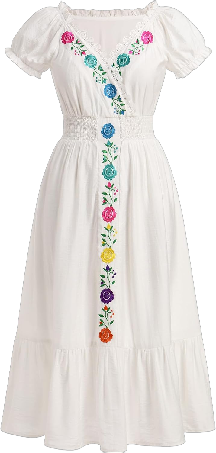 IMEKIS Women Mexican Fiesta Dress Summer Floral Embroidered Traditional Ethnic Wear Beach Holiday Party Long Maxi Gown Medium White